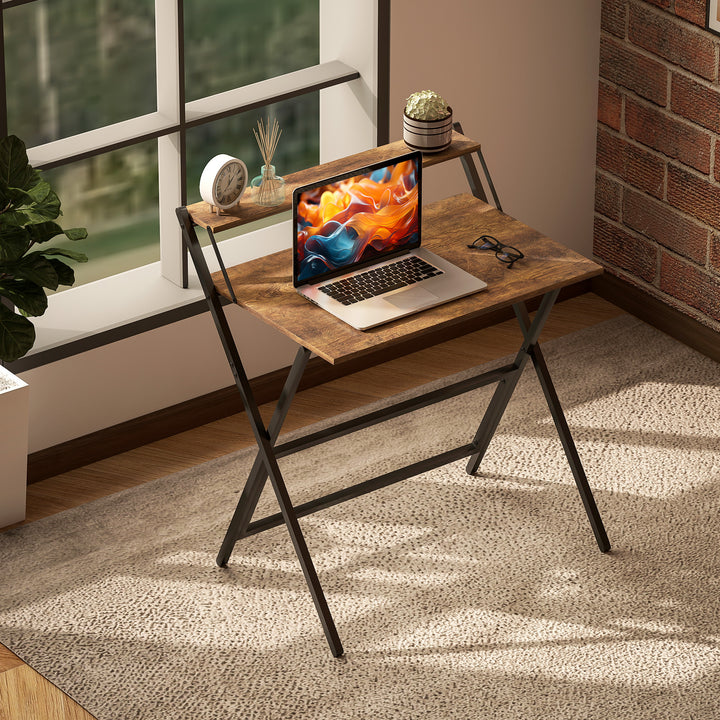81.5 cm Folding Computer Desk with Monitor Shelf - Rustic Brown