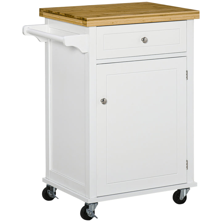 HOMCOM Kitchen Cart Storage Trolley Wooden Cabinet with Drawer Cupboard Towel Rail White | Aosom UK