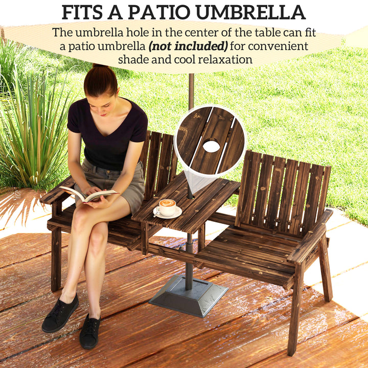 2-Seater Garden Bench with Table & Parasol Hole, Antique Loveseat for Porch, Patio, Carbonised Finish