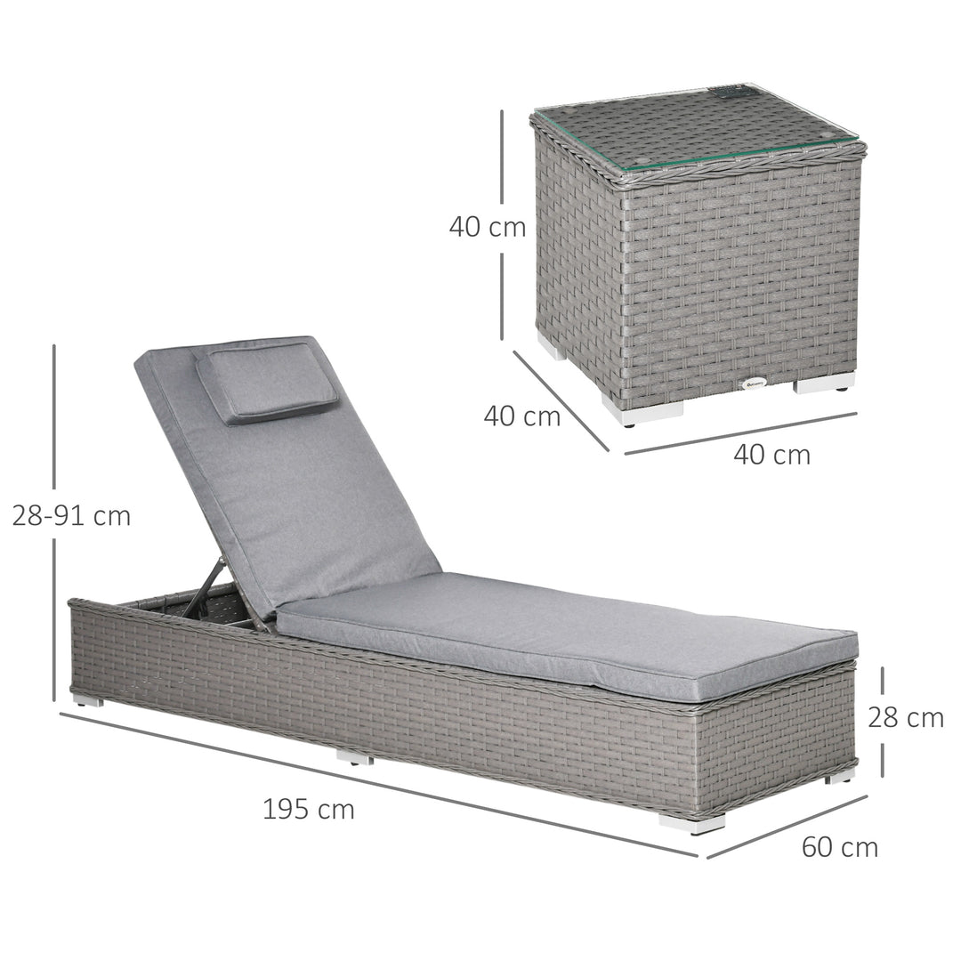 3 Pieces Rattan Sun Lounger Set with Aluminium Frame, 5-Position Adjustable Reclining Garden Chairs and Glass Top Table, Wicker Garden Furniture Daybed with Cushions for Patio, Grey