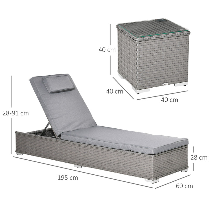 3 Pieces Rattan Sun Lounger Set with Aluminium Frame, 5-Position Adjustable Reclining Garden Chairs and Glass Top Table, Wicker Garden Furniture Daybed with Cushions for Patio, Grey