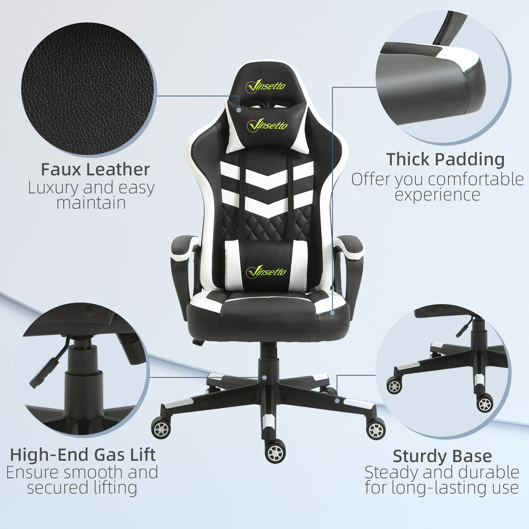 Gaming Chair, Computer Desk Chair with Lumbar Support, Faux Leather Racing Chair with Headrest and Swivel Wheels for Home Office, Black White