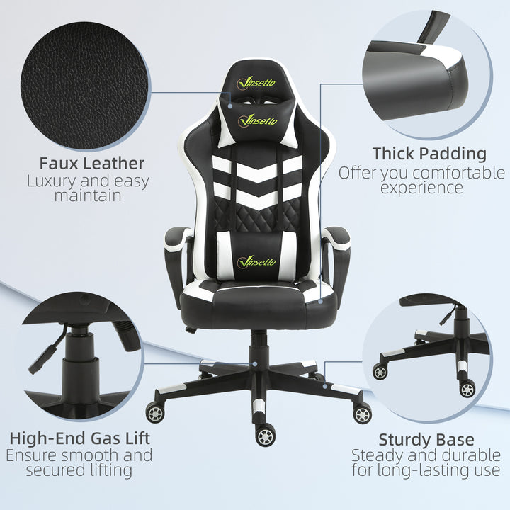 Gaming Chair, Computer Desk Chair with Lumbar Support, Faux Leather Racing Chair with Headrest and Swivel Wheels for Home Office, Black White