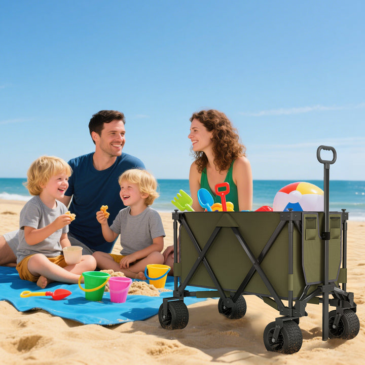 Folding Garden Trolley, Cargo Traile on Wheels, Collapsible Camping Trolley, Outdoor Utility Wagon with Steel Frame and Oxford Fabric, Green