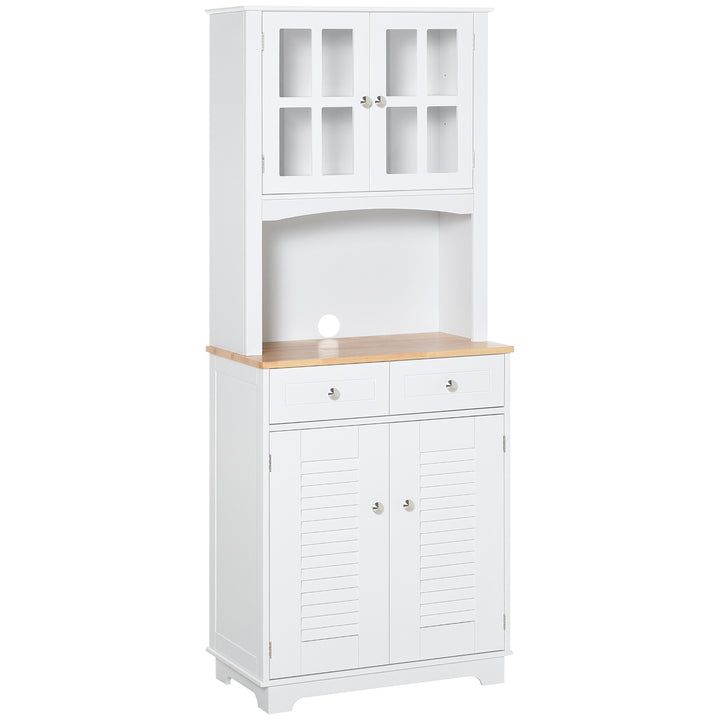 MCL Modern Kitchen Cupboard, Louvered Kitchen Storage Cabinet with Framed Glass Doors and 2 Drawers, White