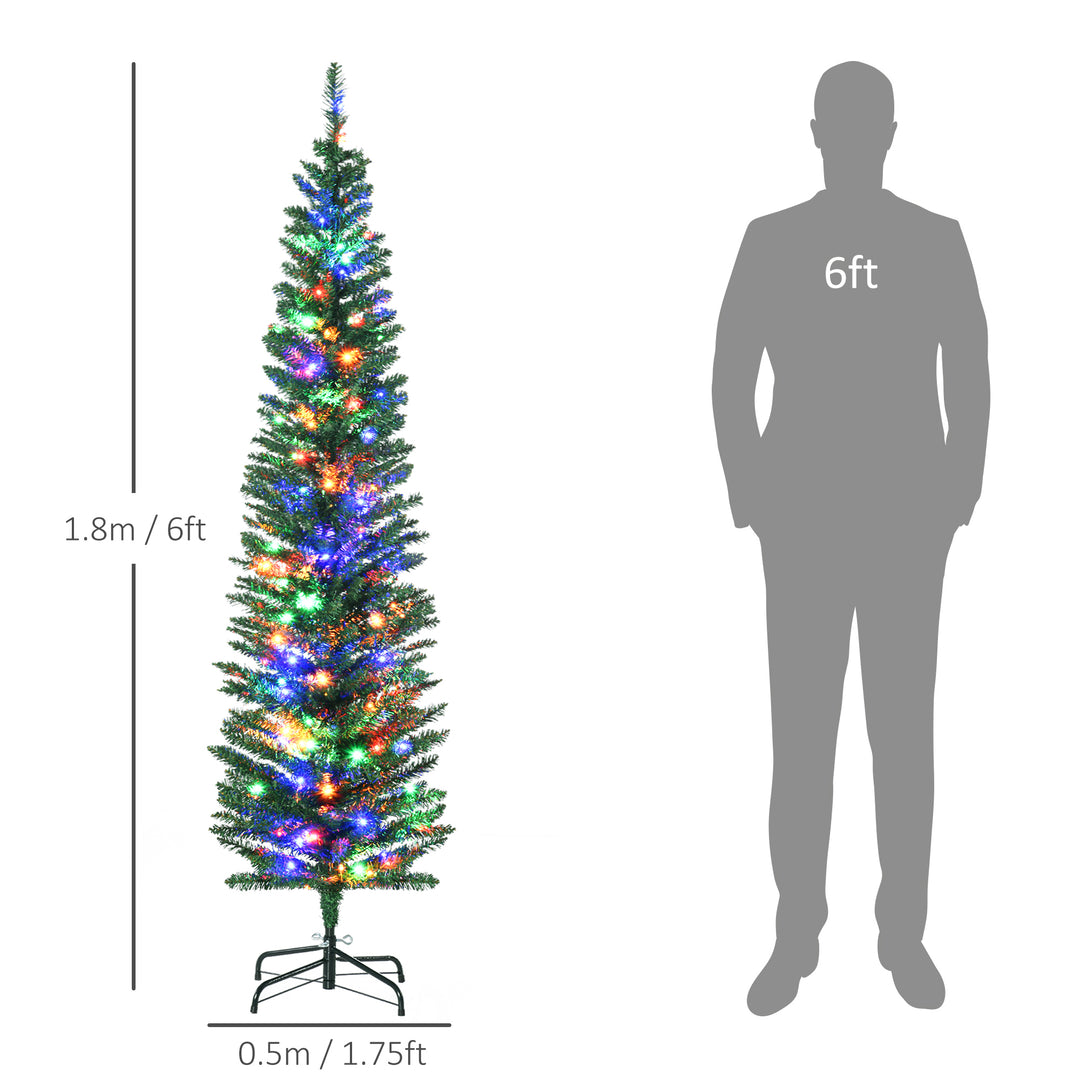 HOMCOM 6' Artificial Prelit Christmas Trees Holiday Décor with Colourful LED Lights, Pencil Shape, Steel Base