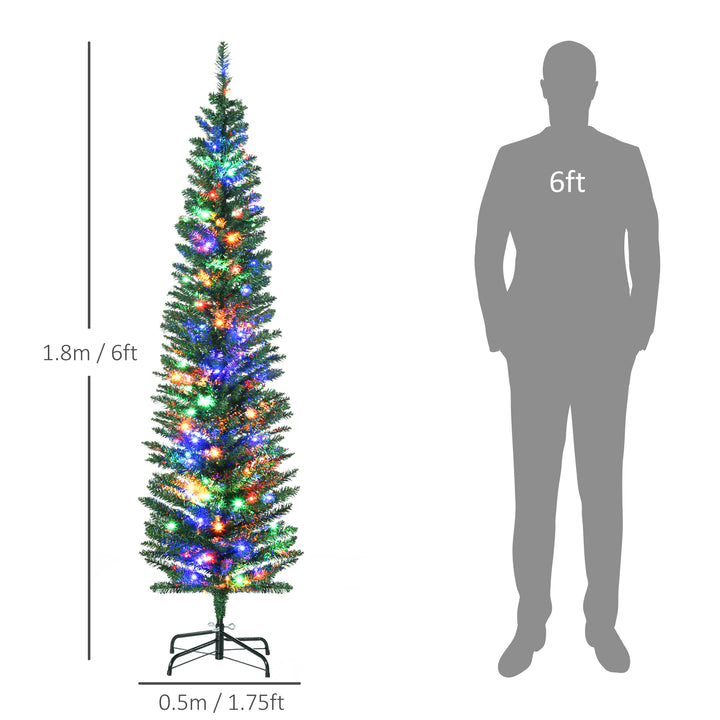 HOMCOM 6' Artificial Prelit Christmas Trees Holiday Décor with Colourful LED Lights, Pencil Shape, Steel Base