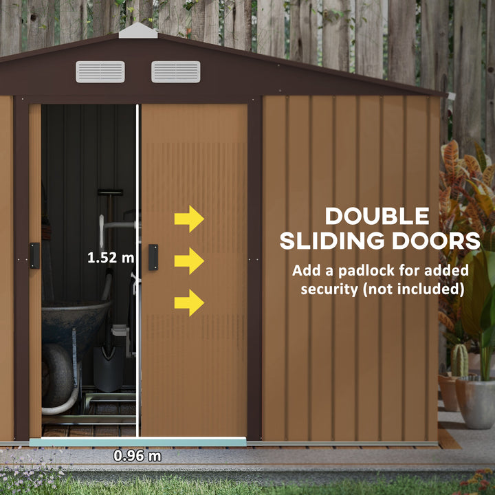 9 x 6ft Metal Garden Shed, Outdoor Storage Tool House with Ventilation Slots, Foundation Kit and Lockable Double Doors, Light Brown