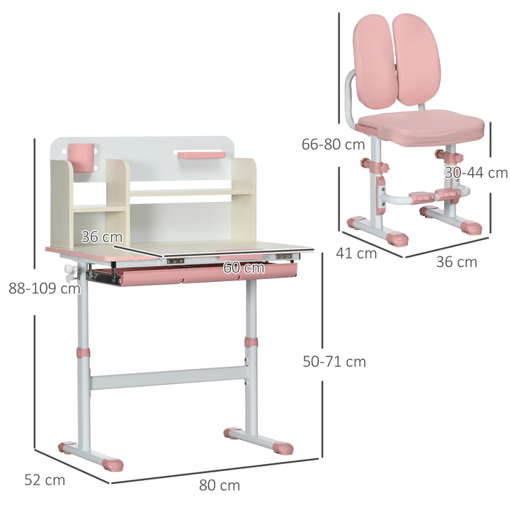 HOMCOM Kids Desk and Chair Set, Height Adjustable Kids School Desk & Chair Set w/ Shelves, Washable Cover, Anti
