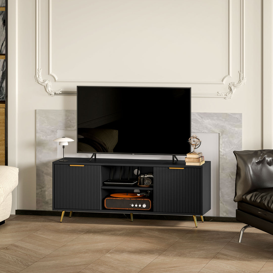 Modern TV Stand Cabinet for TVs up to 55", TV Unit with 2 Open Shelves and 2 Cabinets, Entertainment Centre with Cable Management for Living Room, Black
