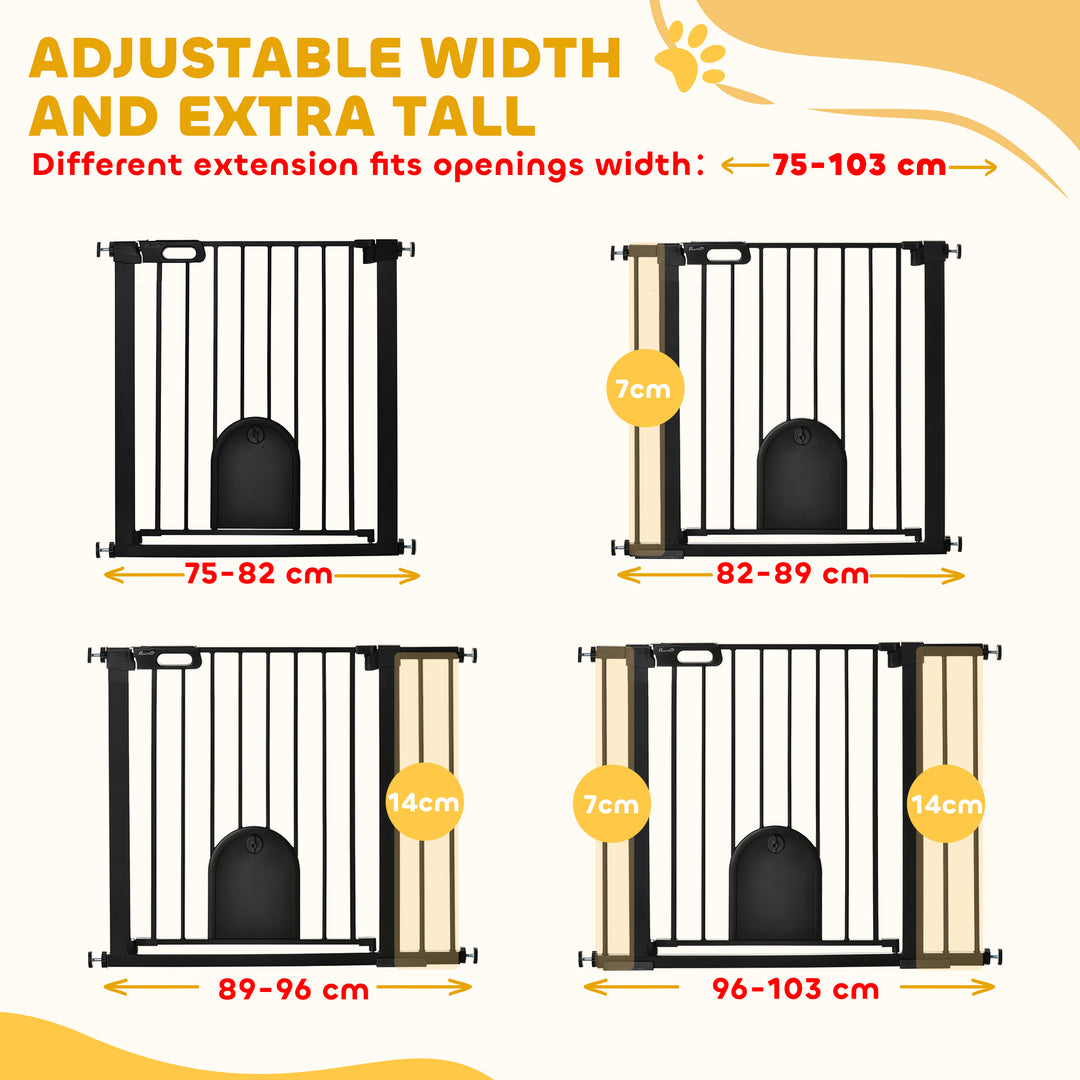 MCL Dog Gate with Cat Flap Pet Safety Gate Barrier, Stair Pressure Fit, Auto Close, Double Locking, for Doorways, Hallways, 75-103 cm Black