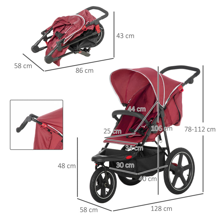 HOMCOM Foldable Tri-Wheeler Pushchair with Sun Canopy and Storage Basket, Lightweight and Compact, Red | Aosom UK