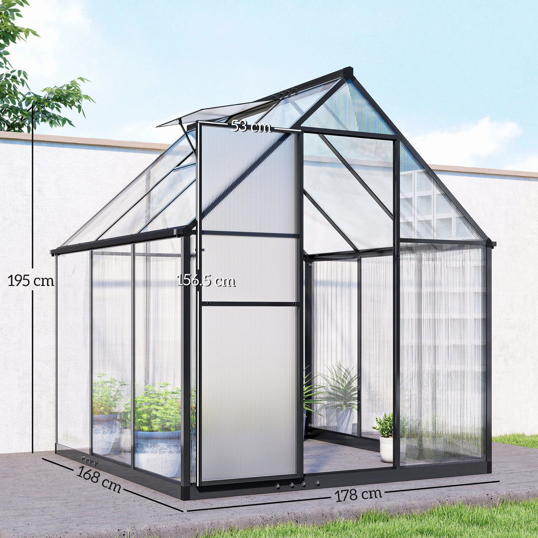 Polycarbonate Greenhouse with Swing Door and Adjustable Window, Walk-in Greenhouse with Rain Gutter, 6 x 6.5ft