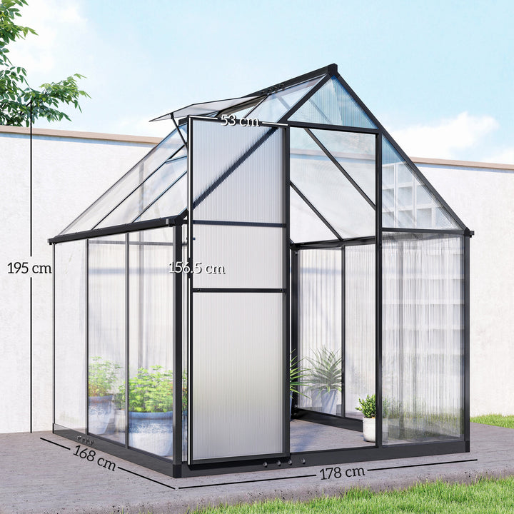 Polycarbonate Greenhouse with Swing Door and Adjustable Window, Walk-in Greenhouse with Rain Gutter, 6 x 6.5ft