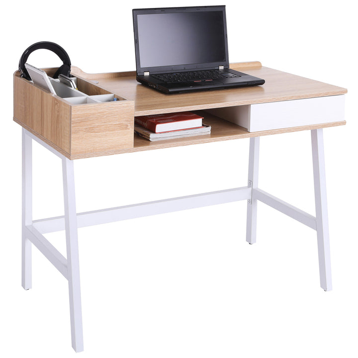 HOMCOM Writing Desk, Computer Table with Drawer, Storage Compartments, Cable Management, Metal Frame, Computer Workstation, Oak and White | Aosom UK