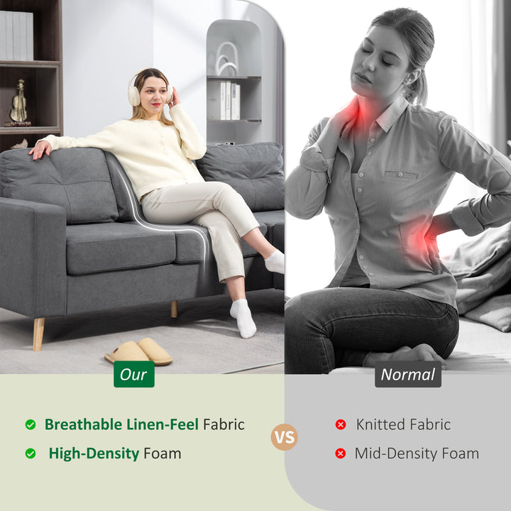 3 Seater Sofa with Footstool, Fabric L-Shaped Sofa, Sectional Couch with Wood Legs, Tufting Cushioned Back for Small Space, Living Room, Office, Dark Grey