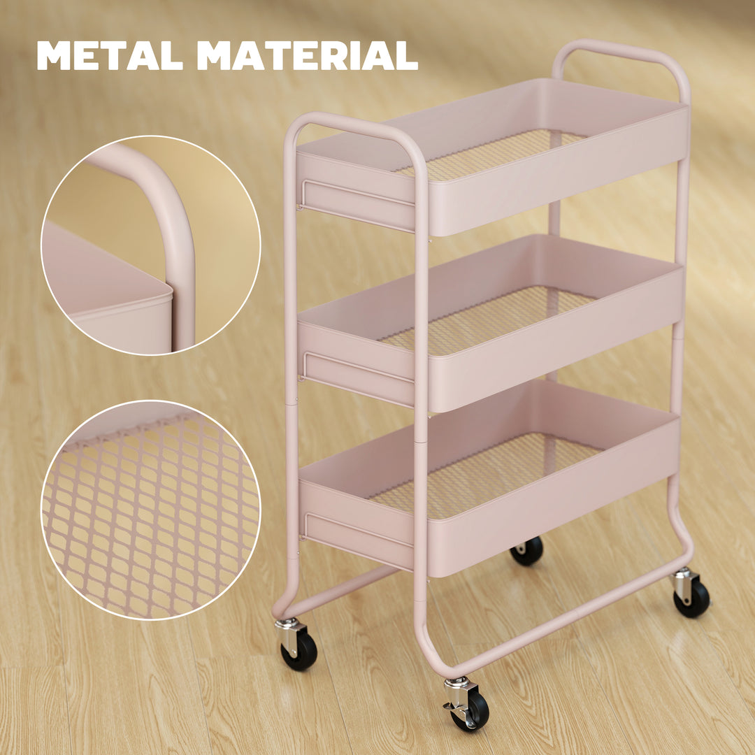 3-Tier Storage Trolley on Wheels, Rolling Utility Cart with Mesh Backets for Kitchen, Bathroom, Bedroom