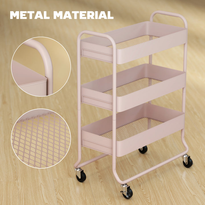 3-Tier Storage Trolley on Wheels, Rolling Utility Cart with Mesh Backets for Kitchen, Bathroom, Bedroom