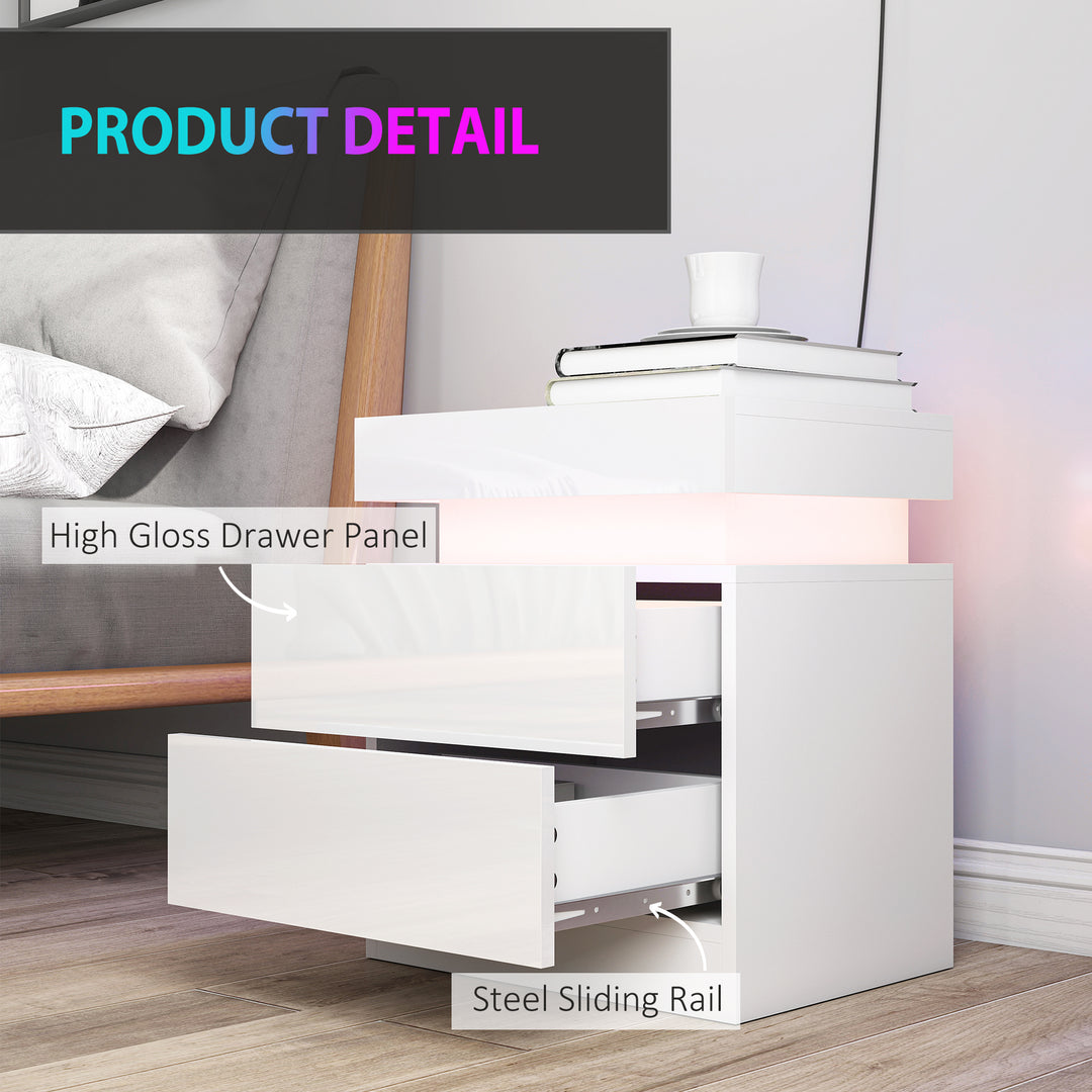 White Bedside Table with LED Light, High Gloss Front Nightstand with 2