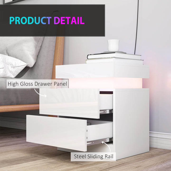 White Bedside Table with LED Light, High Gloss Front Nightstand with 2