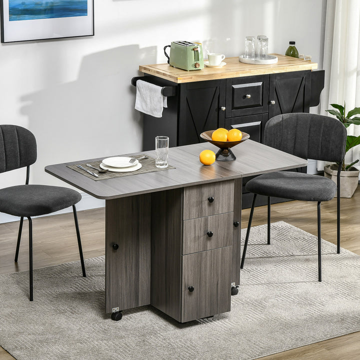 HOMCOM Folding Dining Table for 4-6, Rolling Drop Leaf Table with Storage Drawers, Cabinet and Open Shelf, Extendable Kitchen Table on Wheels, Grey