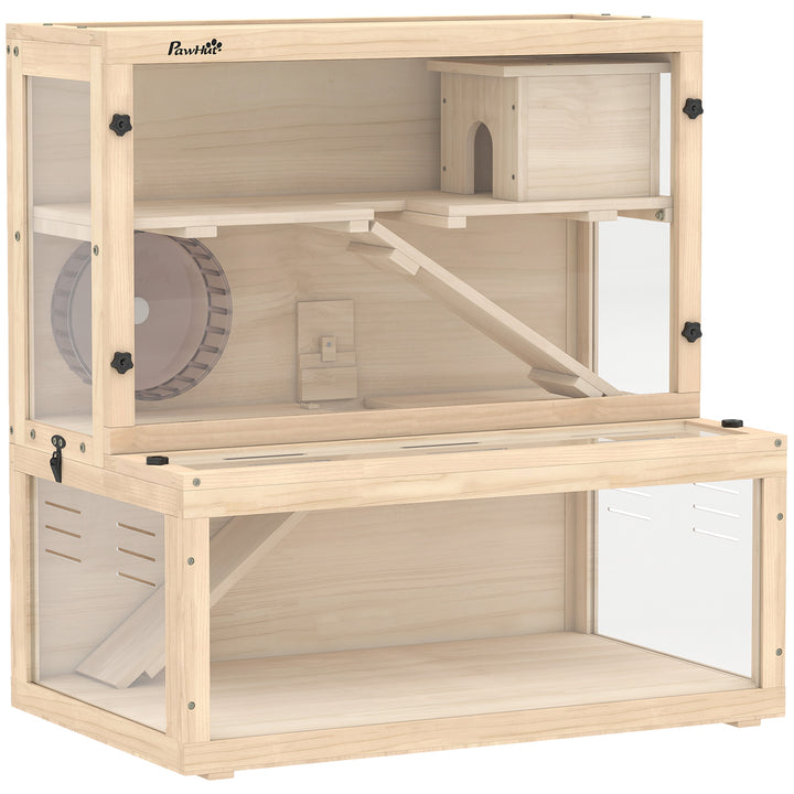 Wooden Hamster Cage with Hut, Wheel, Ramps, Removable Viewing Panels, 