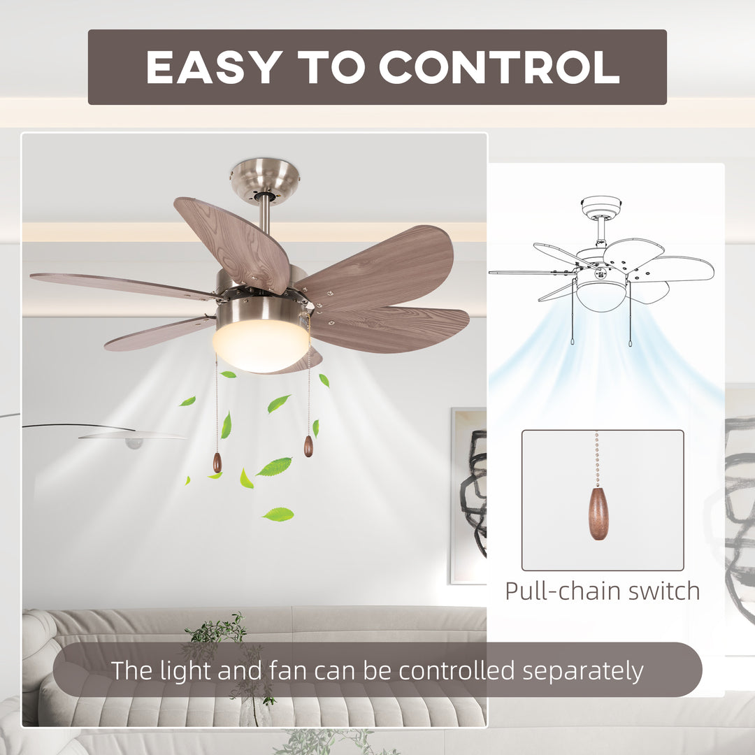 HOMCOM Ceiling Fan Lights with 6 Reversible Blades, Pull-chain Switch, Flush Mount Ceiling Fan with LED Light, Walnut Brown | Aosom UK