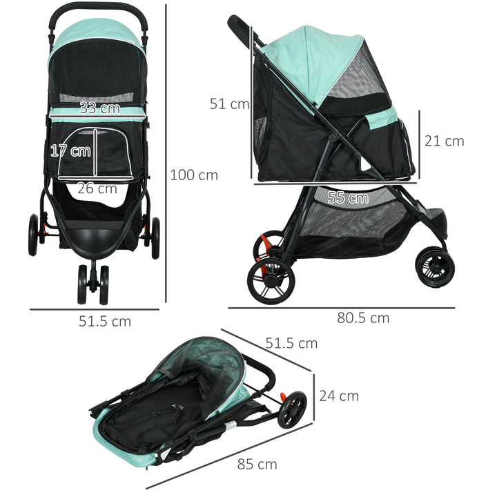 Foldable Pet Stroller w/ Rain Cover, for XS Dogs, S Dogs - Green