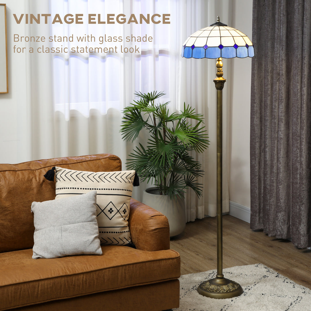 MCL Tiffany-Style Floor Lamp with Handcrafted Stained Glass Shade, 152cm Tall Vintage Standing Lamp with Foot Switch and Dual Sockets for Living Room Bedroom, Bronze Tone and Blue