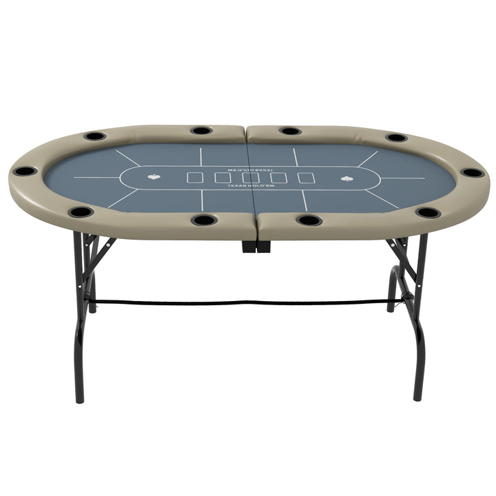 SPORTNOW 10 Player Folding Poker Table, Oval Portable Blackjack Casino Table with Cup Holders and Felt Top, 178 x 89 x 70cm, Brown and Blue