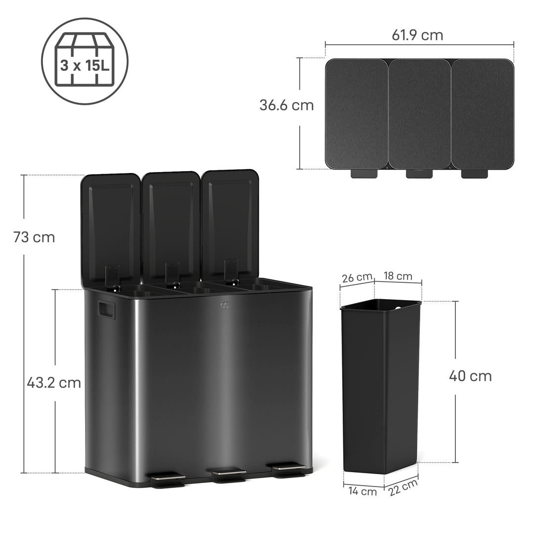 3 x 15L Pedal Bin, Steel Triple Kitchen Bin with Soft Close Lid, Removable Inner Buckets, Fingerprint-Proof, Black