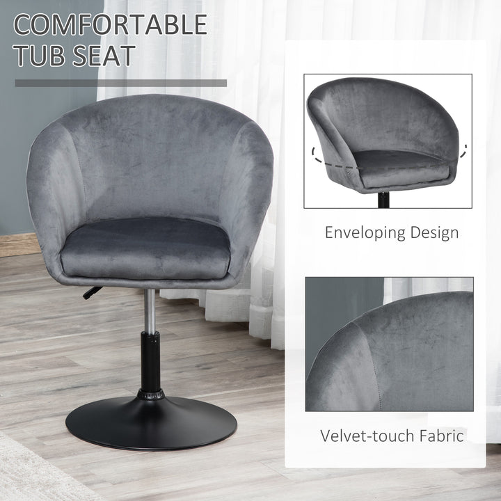 HOMCOM Dressing Table Chair, 360° Swivel Velvet-feel Upholstered Vanity Chair with Tub Seat, Back, Adjustable Height for Bedroom Makeup, Grey