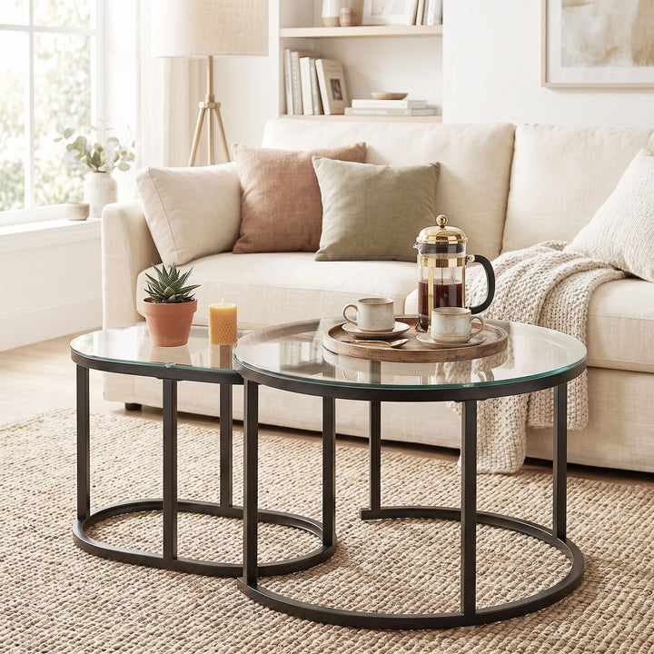 Nest of Tables with Steel Frame and Tempered Glass Tabletop, Modern Co