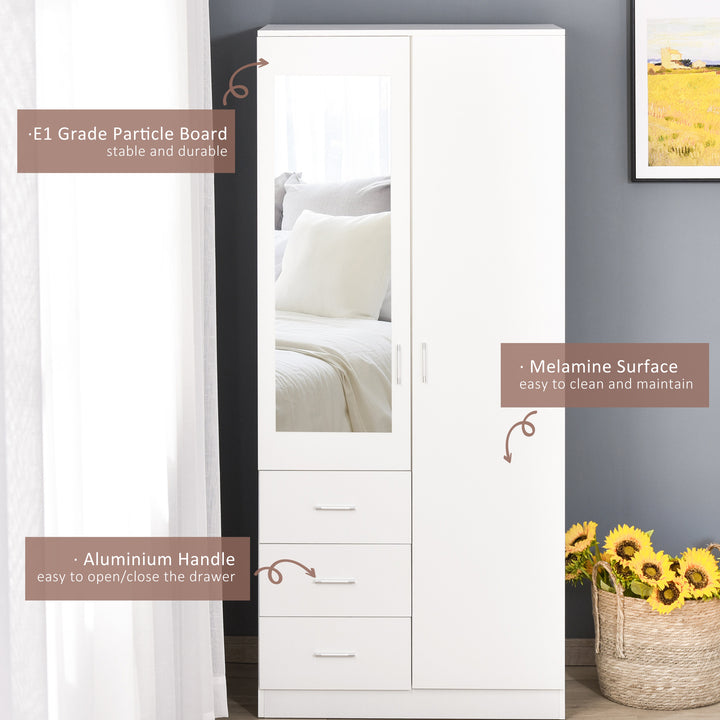 2 Door 3 Drawer Mirrored Wardrobe with Hanging Rail, Modern Clothes Storage Cupboard with Mirror, Drawers and Adjustable Shelves for Bedroom, 80 x 50 x 180 cm, White