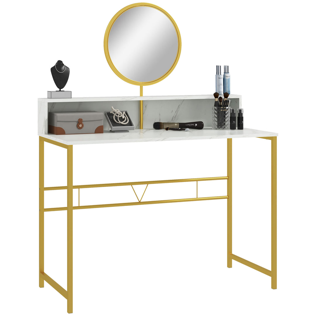 MCL Modern Dressing Table with Round Mirror, Vanity Makeup Desk with Open Storage, Faux Marble Texture and Steel Frame for Bedroom, White
