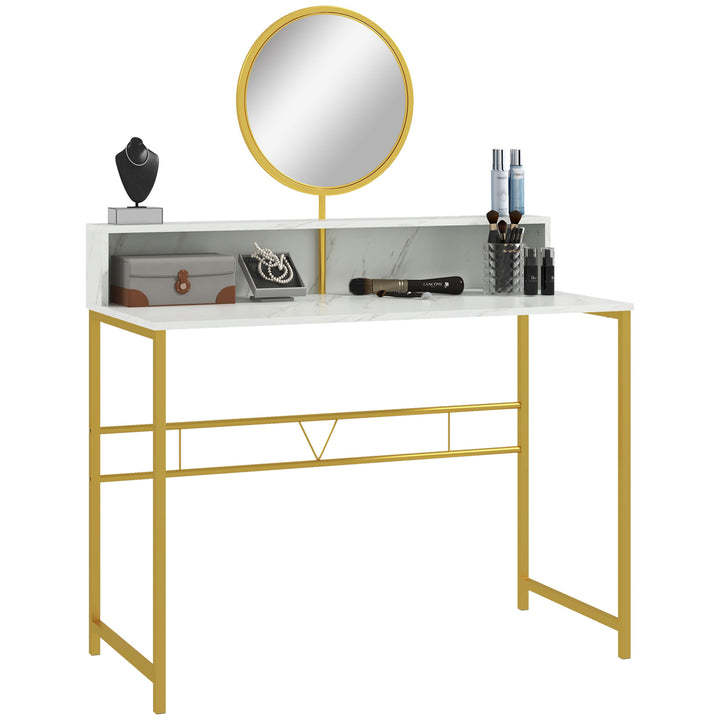MCL Modern Dressing Table with Round Mirror, Vanity Makeup Desk with Open Storage, Faux Marble Texture and Steel Frame for Bedroom, White
