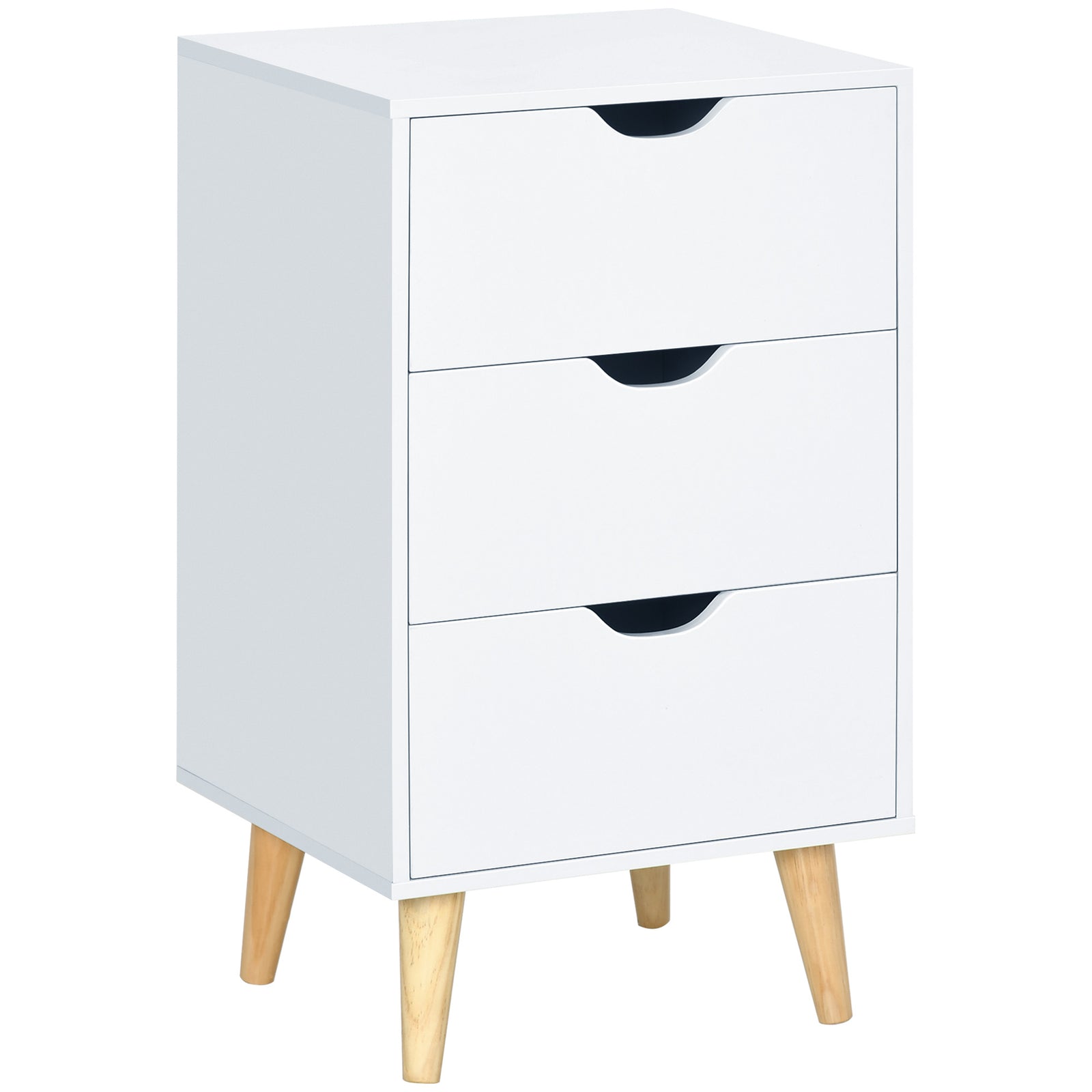 Bedside Table, Bedside Cabinet with 3 Drawers, Small Side Table with Wood Legs and Cut-out Handles for Bedroom, Cream White