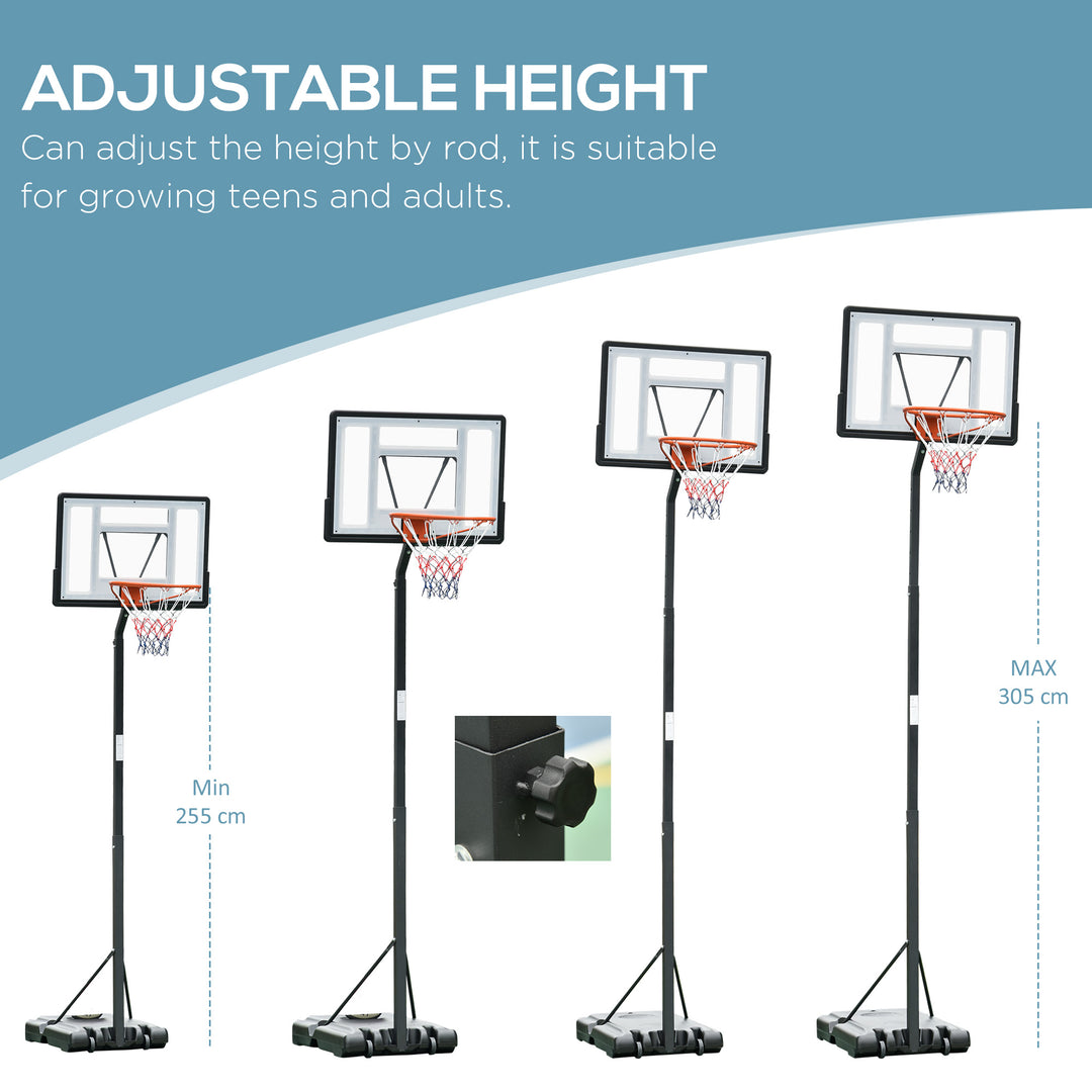 HOMCOM Adjustable Basketball Hoop Stand, Freestanding with Backboard & Wheels, 255-305cm, Black | Aosom UK