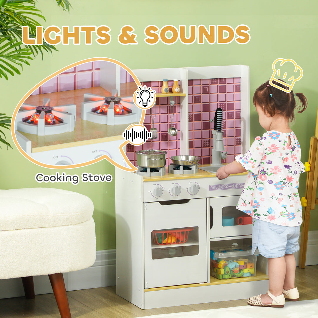 AIYAPLAY Kids Play Kitchen, Pretend Play Kitchen with Realistic Oven, Stove, Sink, Kitchen, Accessories, White