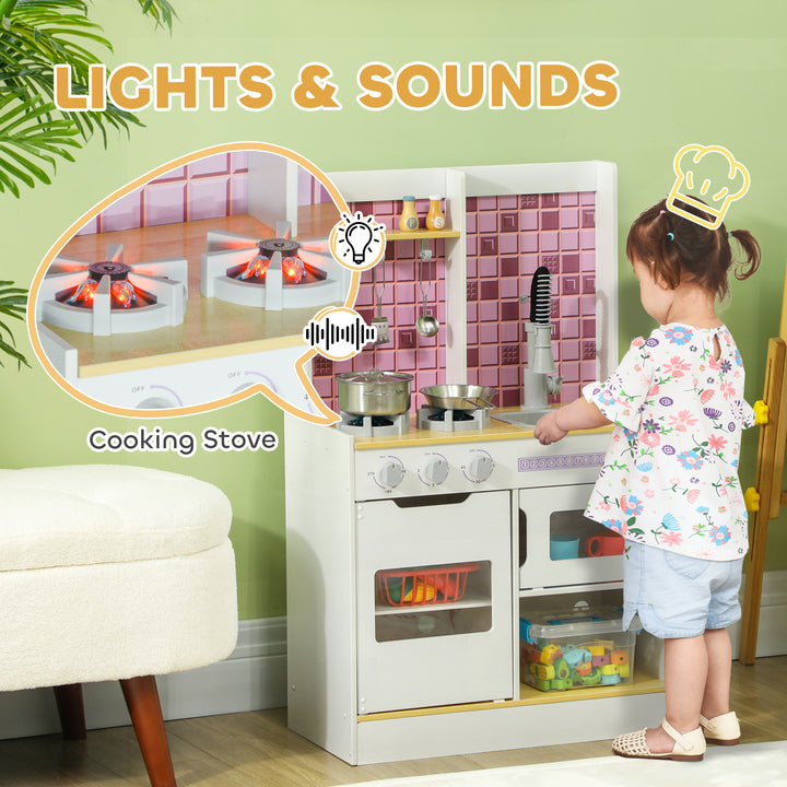 AIYAPLAY Kids Play Kitchen, Pretend Play Kitchen with Realistic Oven, Stove, Sink, Kitchen, Accessories, White
