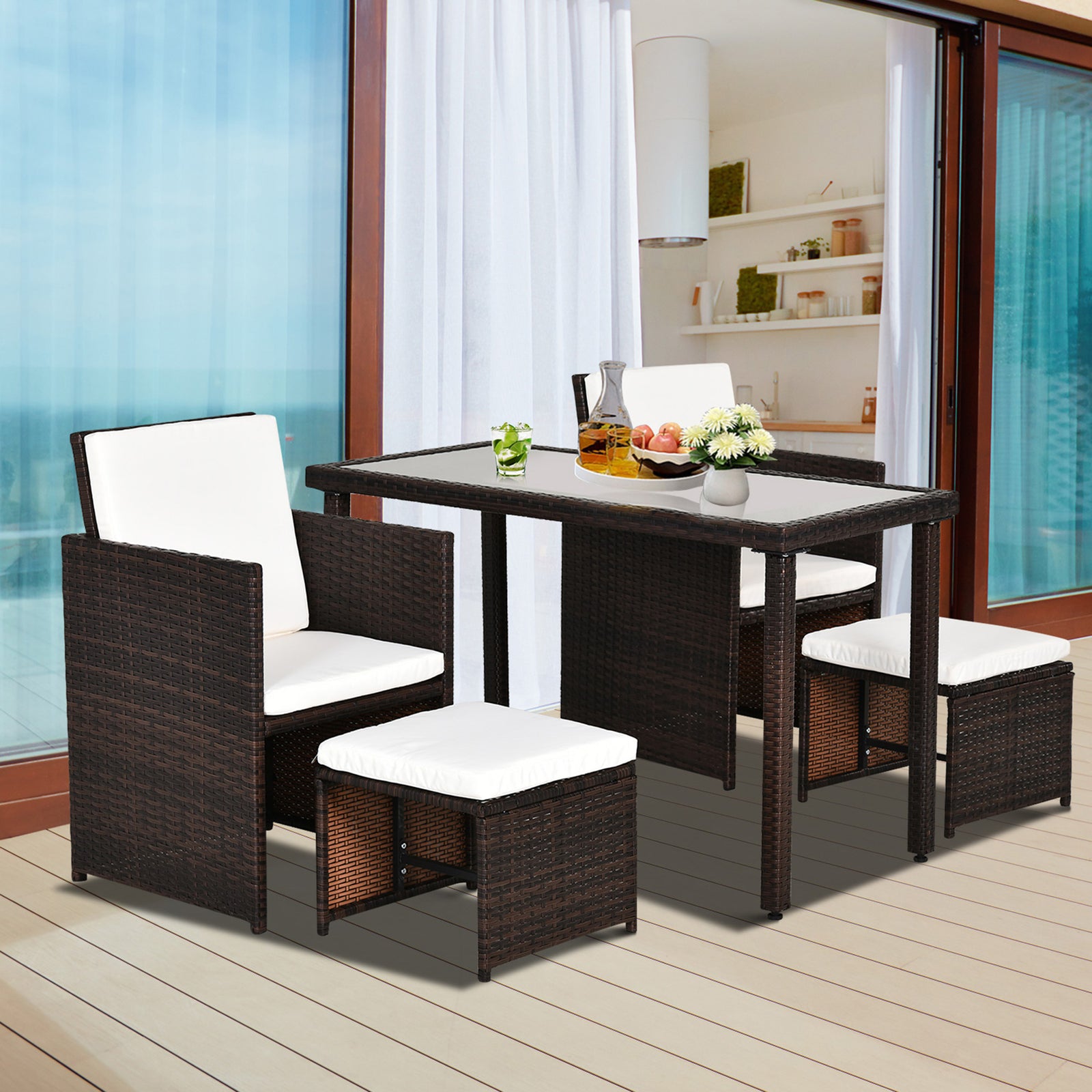 2 Seater Rattan Cube Garden Furniture Set, Rattan Dining Set with Cushions, Outdoor Dining Table and Chairs with 2 Armchairs, 2 Stools, Rectangular Glass Top Table for Patio, Balcony, Brown