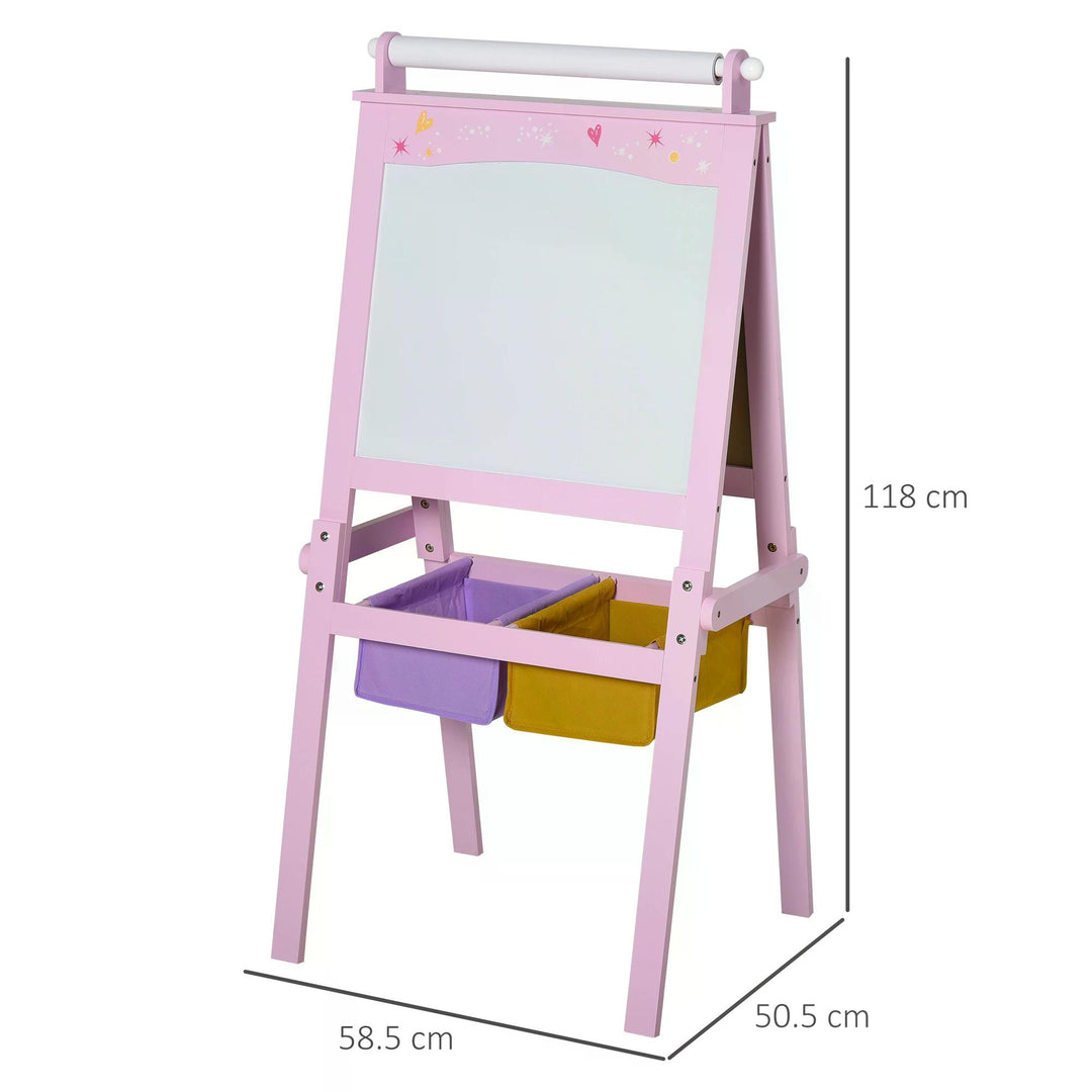 HOMCOM 3 In 1 Kids Wooden Art Easel w/ Paper Roll Double-Sided Chalkboard & Whiteboard w/ Storage Baskets Gift for Kidsl Age 3 Years+ Pink | Aosom UK