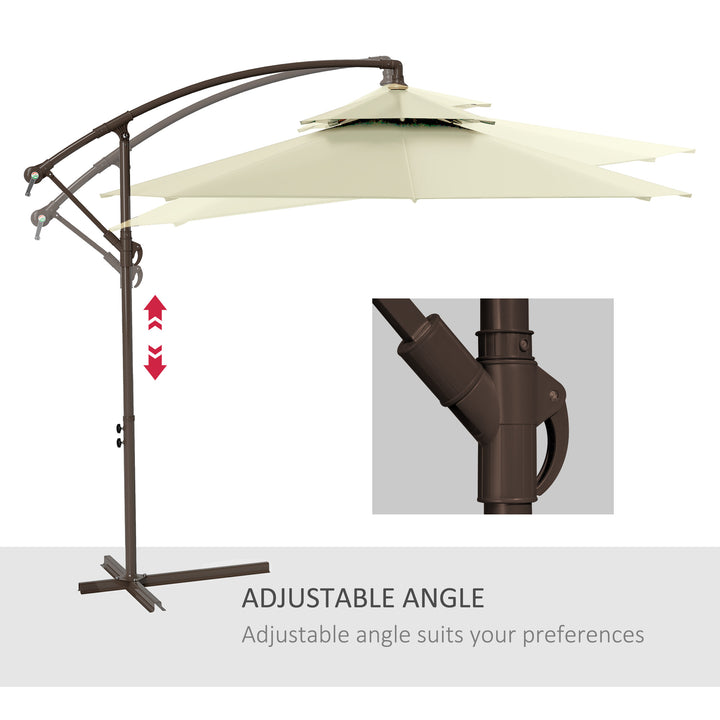 MCL 2.7m Garden Banana Parasol Cantilever Umbrella with Crank Handle, Double Tier Canopy and Cross Base for Outdoor, Hanging Sun Shade, Beige