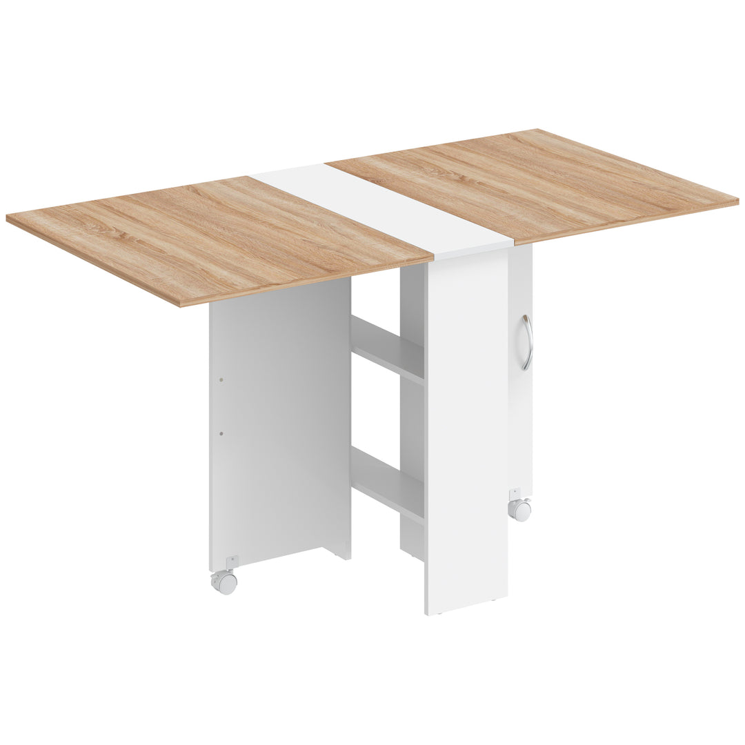 Folding Dining Table, Drop Leaf Table with 2-Tier Shelves, Rolling Casters, for Small Spaces, Kitchen - Natural wood finish