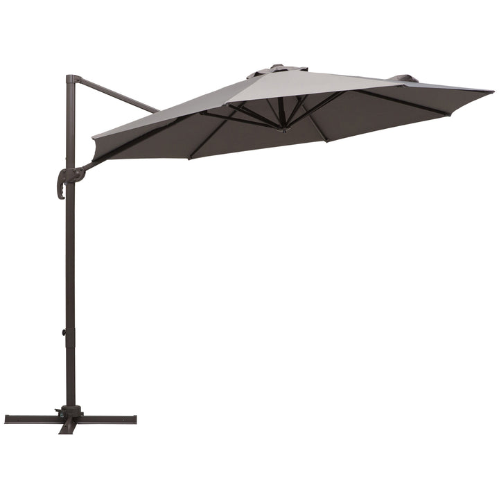 Outsunny 3M Roma Umbrella Sun Shade Cantilever Hanging Parasol w/ Cross Base Hand Crank Aluminium Frame 360°Rotation - Grey | Aosom UK