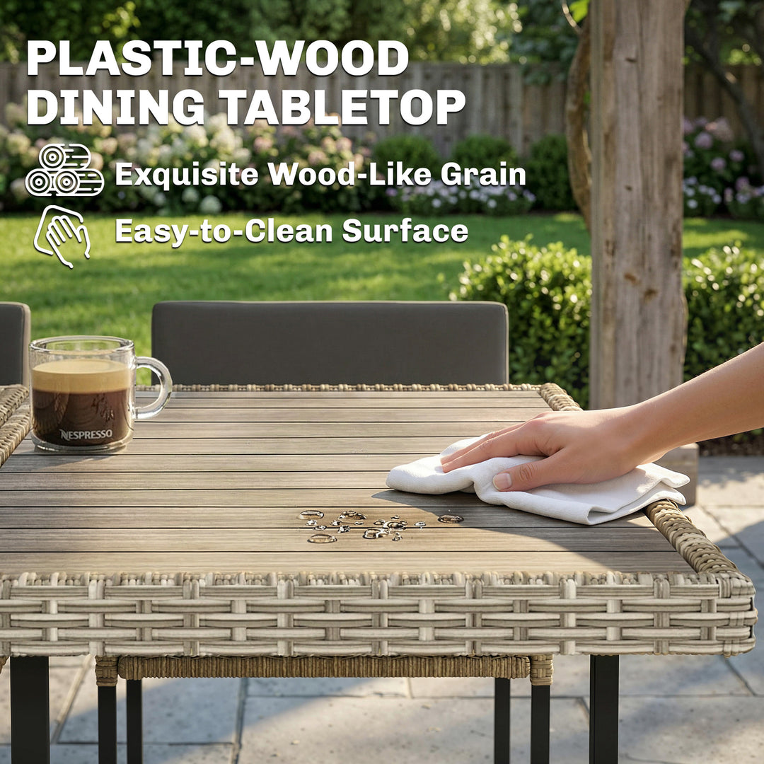 7 Piece Rattan Garden Furniture Set, Garden Dining Set with Wood-Plast