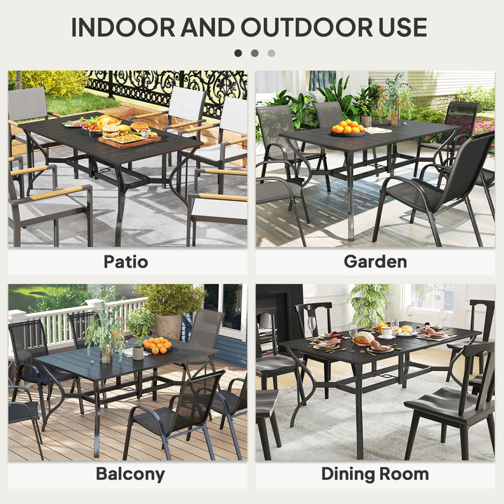 Outsunny Rectangle Garden Dining Table with Parasol Hole, Patio Table with Steel Frame and Slat Tabletop, 150cm x 90cm, Black
