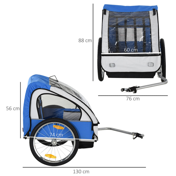 2 Seat Bike Trailer Bicycle wagon for Kids Child Steel Frame Safety Harness Seat Carrier Hitch Coupler Blue White 130 x 76 x 88 cm