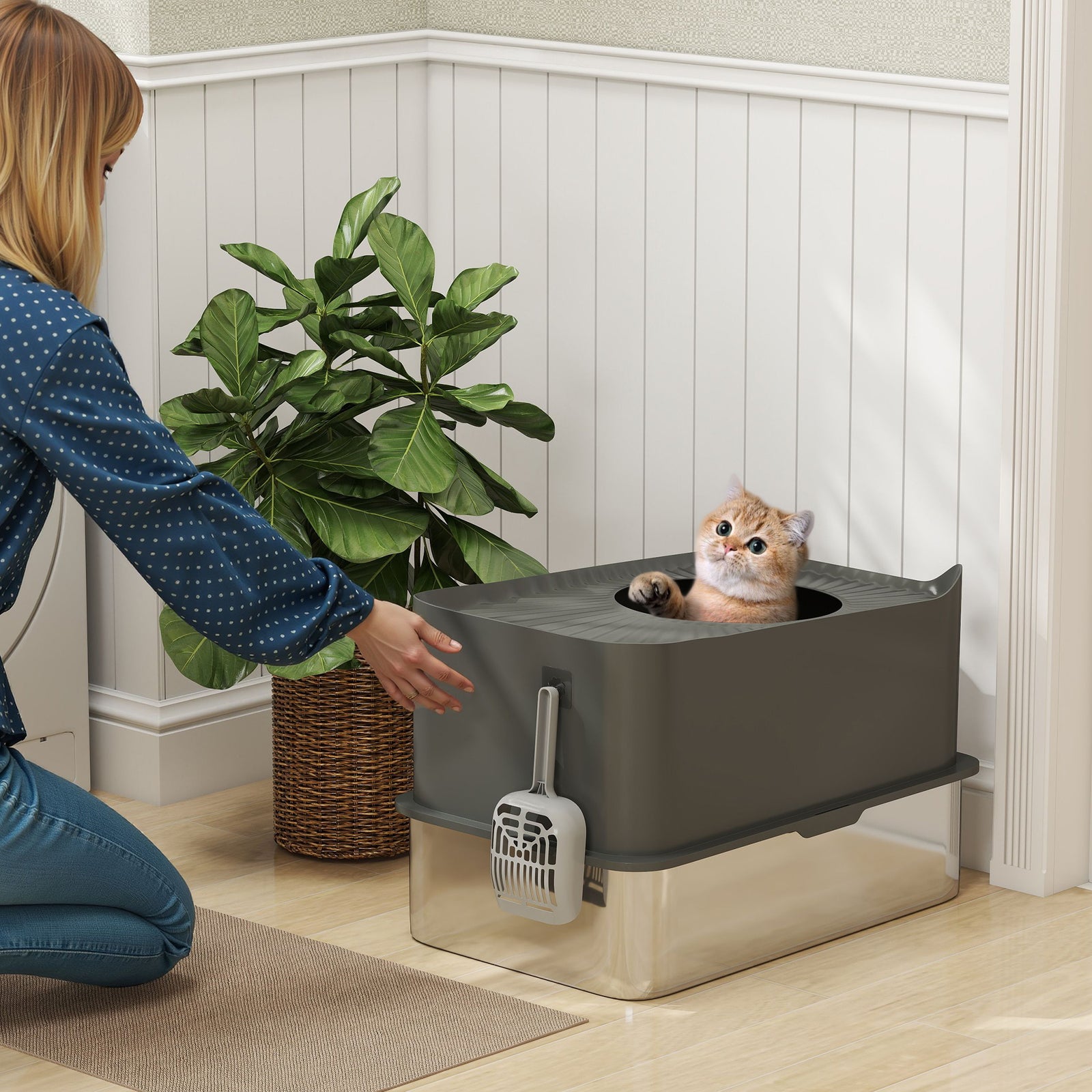 Stainless Steel Cat Litter Tray, Extra Large Enclosed Litter Box with 