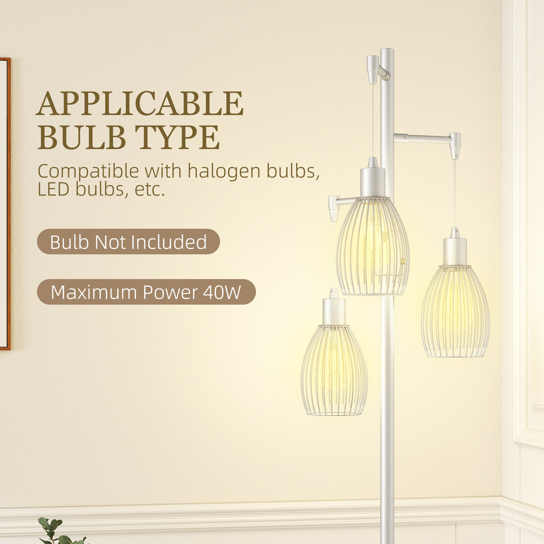 3-Light Floor Lamp, 170cm Industrial Dimmable Standing Lamp with Steel Wire Cage Lampshades for Living Room, Bedroom, Dining Room, Study, Silver Tone